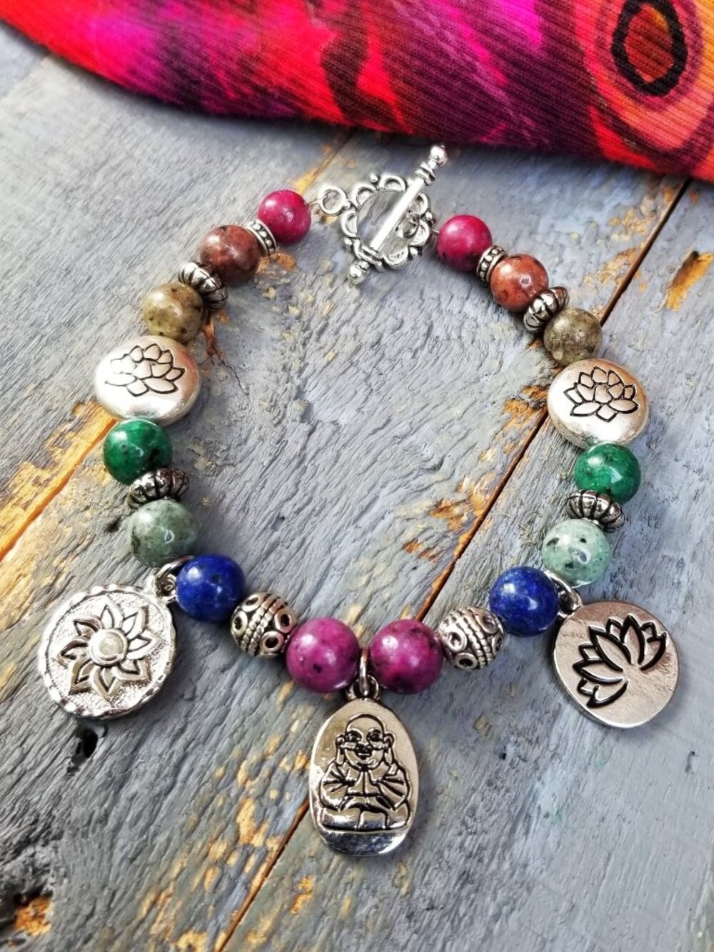 Artisan Chakra Bracelet Buddha Lotus Charm Colorful Gemstone Yoga Meditation